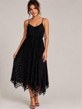 AllSaints Black Swiss Dot Pleated Chiffon Midi Dress Asymmetric Hem Large